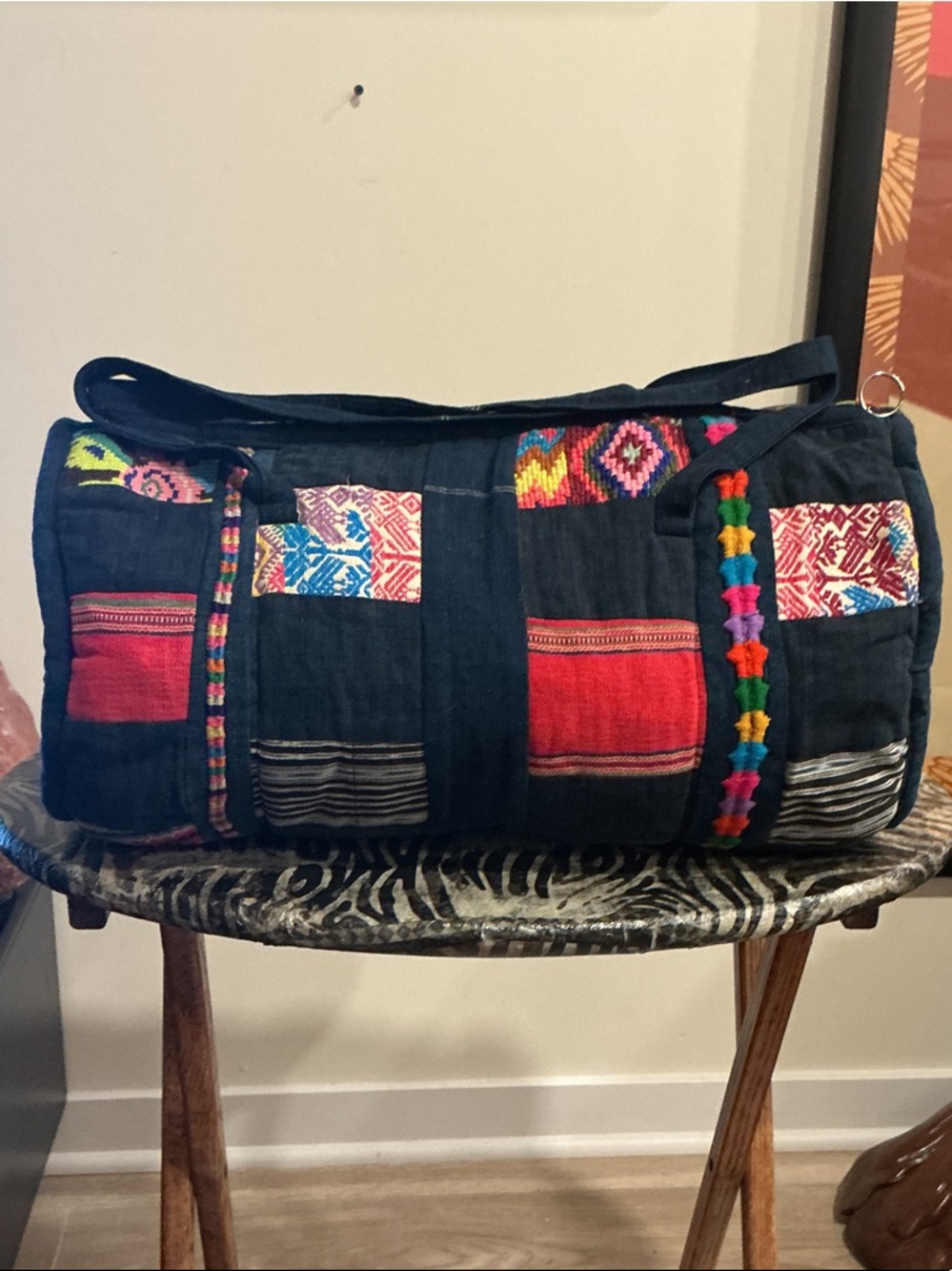 Guatemalan huipil Quilted BluePatchwork Travel Duffel with Colorful Embroidery